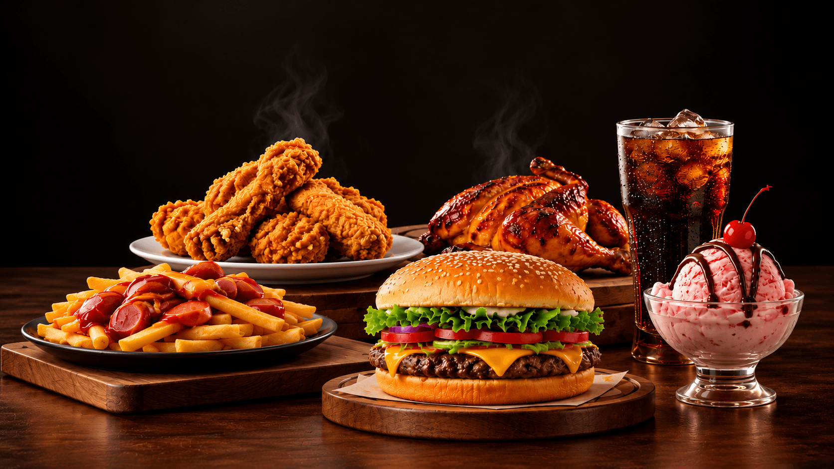 Hamburguesa, pollo frito, pollo a la brasa, salchipapas, gaseosa y helado sobre una mesa de madera