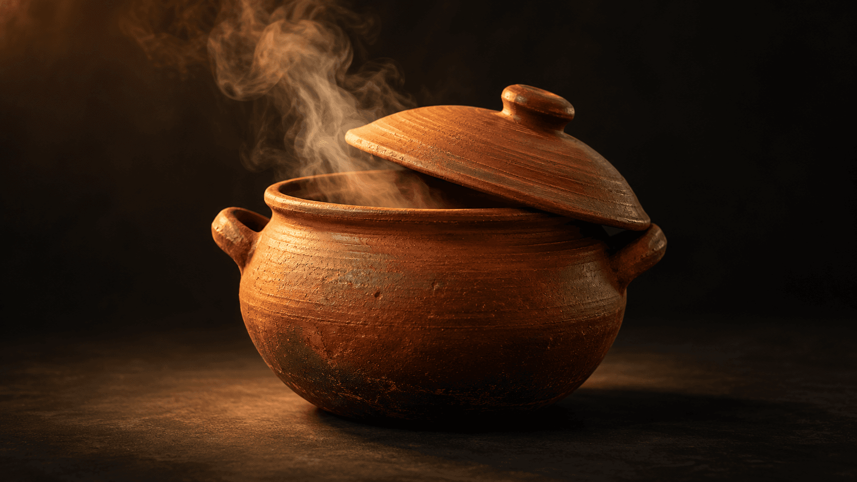 Olla de barro humeante con la tapa entreabierta